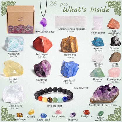17Pcs Crystals and Healing Stones, 14Pcs Real Raw Chakra Stones Set, Selenite Charging Plate, Amethyst Necklace, Rose Quartz, Mothers Day Gifts, Gift Box, Guide for Beginners, Collection, Meditation, Yoga