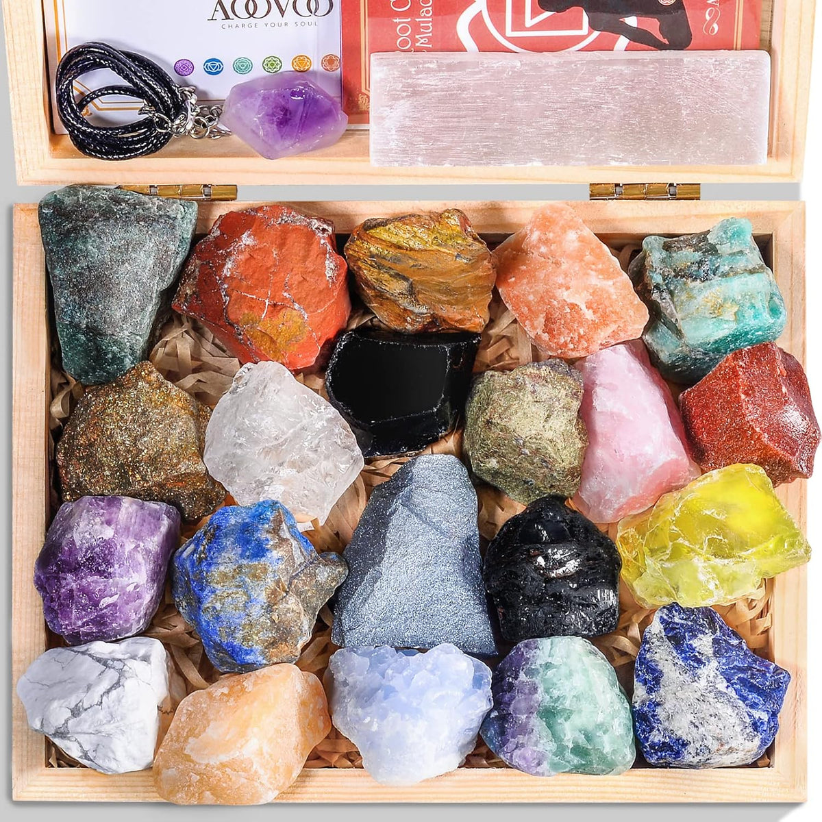 17Pcs Crystals and Healing Stones, 14Pcs Real Raw Chakra Stones Set, Selenite Charging Plate, Amethyst Necklace, Rose Quartz, Mothers Day Gifts, Gift Box, Guide for Beginners, Collection, Meditation, Yoga