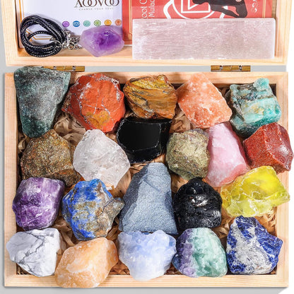 17Pcs Crystals and Healing Stones, 14Pcs Real Raw Chakra Stones Set, Selenite Charging Plate, Amethyst Necklace, Rose Quartz, Mothers Day Gifts, Gift Box, Guide for Beginners, Collection, Meditation, Yoga