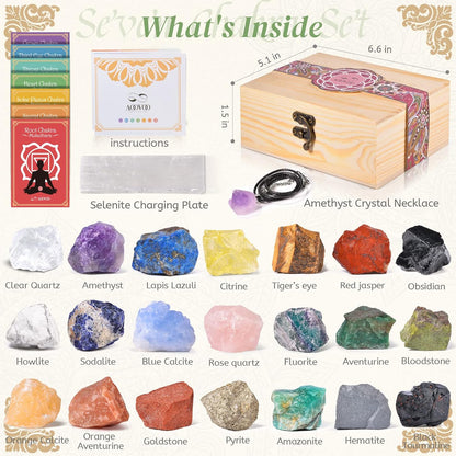 17Pcs Crystals and Healing Stones, 14Pcs Real Raw Chakra Stones Set, Selenite Charging Plate, Amethyst Necklace, Rose Quartz, Mothers Day Gifts, Gift Box, Guide for Beginners, Collection, Meditation, Yoga