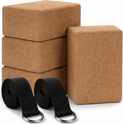 6 Pcs Cork Yoga Blocks with Straps 9 x 6 x 4 Inch Cork Yoga Brick 8.2 FT Strap Non Slip High Density Bricks Exercise Blocks for Physical Stretching Flexibility Balance Fitness Pilates
