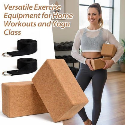 6 Pcs Cork Yoga Blocks with Straps 9 x 6 x 4 Inch Cork Yoga Brick 8.2 FT Strap Non Slip High Density Bricks Exercise Blocks for Physical Stretching Flexibility Balance Fitness Pilates