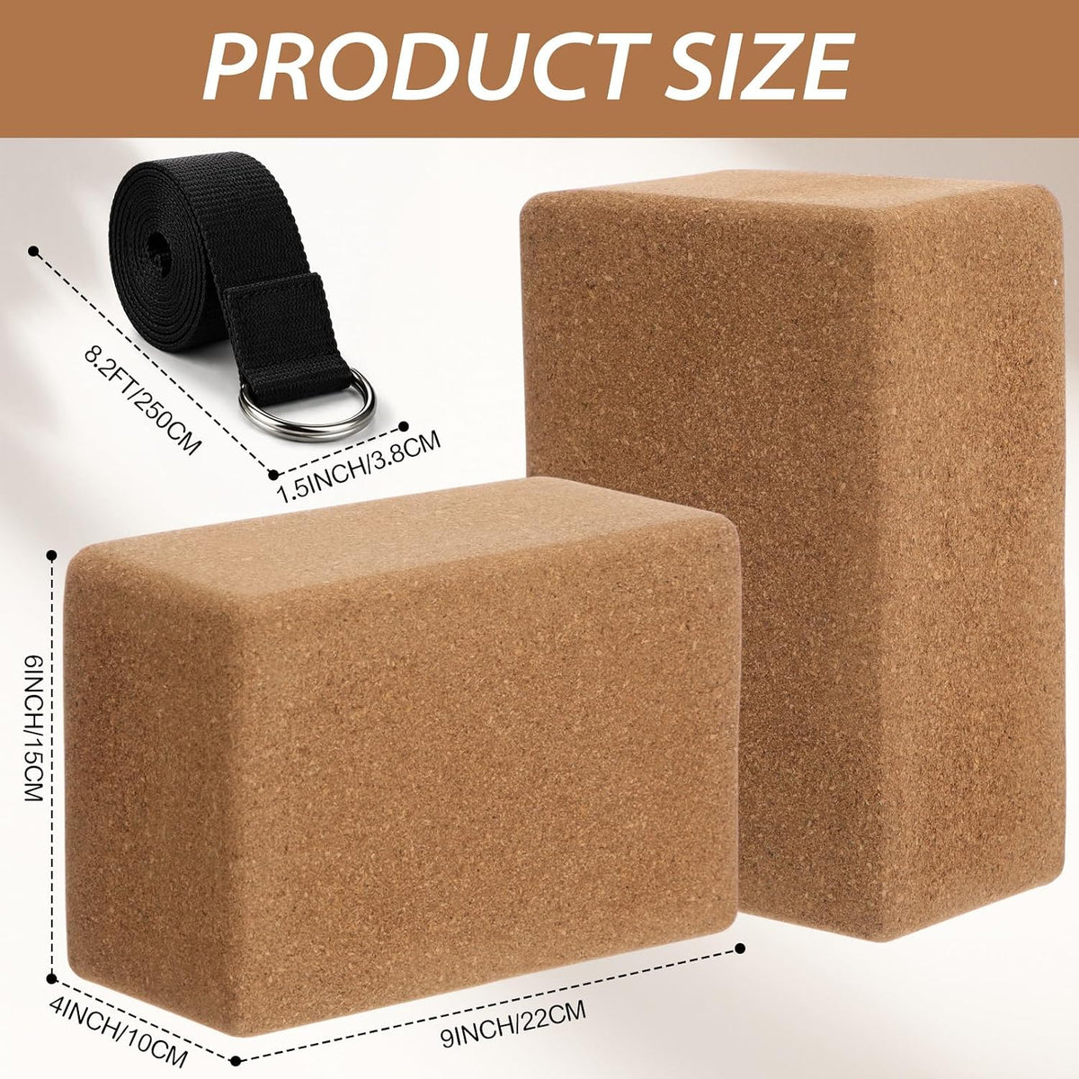 6 Pcs Cork Yoga Blocks with Straps 9 x 6 x 4 Inch Cork Yoga Brick 8.2 FT Strap Non Slip High Density Bricks Exercise Blocks for Physical Stretching Flexibility Balance Fitness Pilates