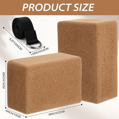 6 Pcs Cork Yoga Blocks with Straps 9 x 6 x 4 Inch Cork Yoga Brick 8.2 FT Strap Non Slip High Density Bricks Exercise Blocks for Physical Stretching Flexibility Balance Fitness Pilates