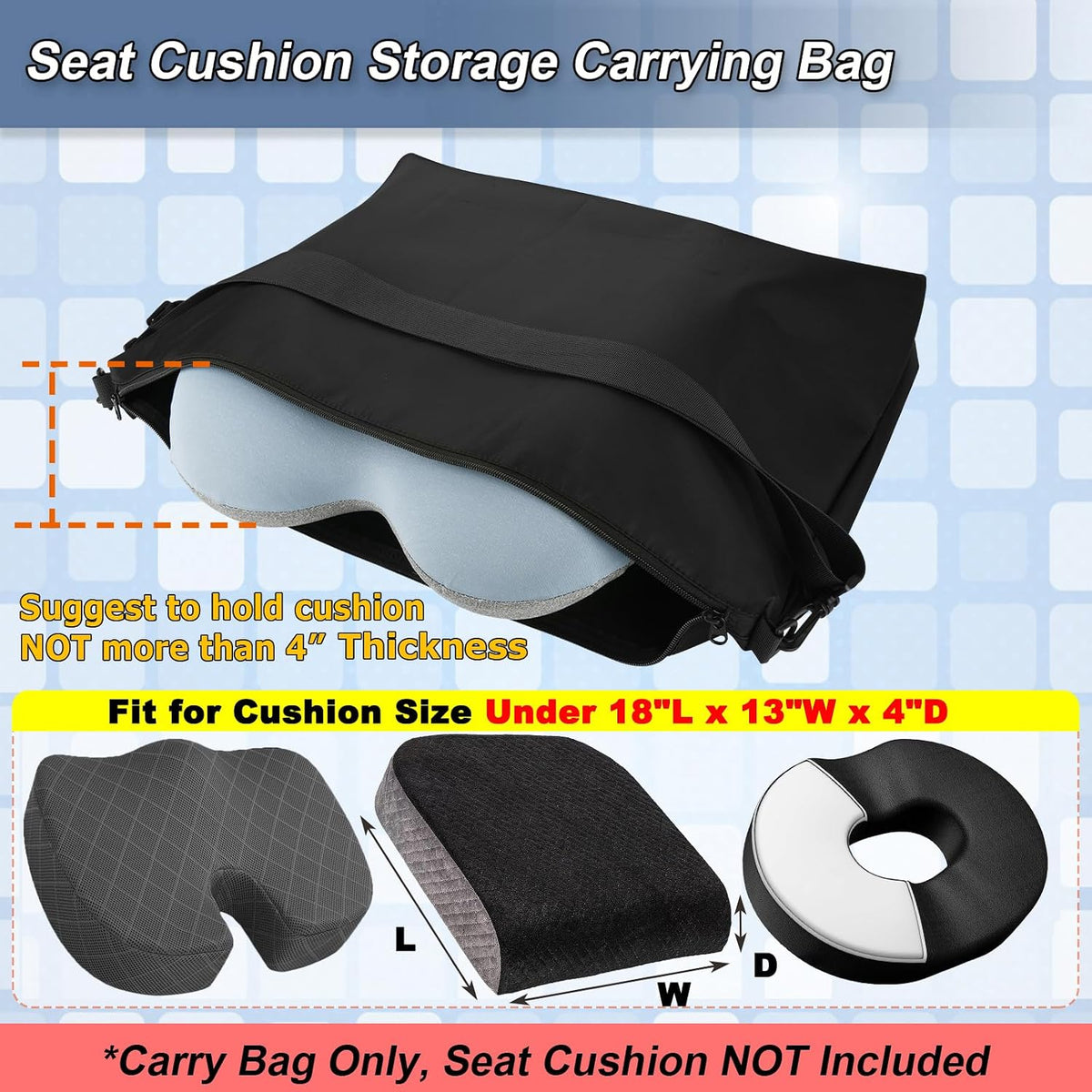 Travel Seat Cushion Carry Bag Chair Pad Cushion Storage Bag Portable Pillow Carrying Bag with Detachable Strap and Elastic Loop for Comfort Seat Cushions Chair Pads Back Cushions Travel Pillow