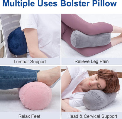 Bolster Pillow with Removable Velvet Cover, Round Cylinder Neck Roll Pillow for Head, Back, Leg Support, Decorative Bed and Couch Pillow 16 x 6 Inches (Grey)