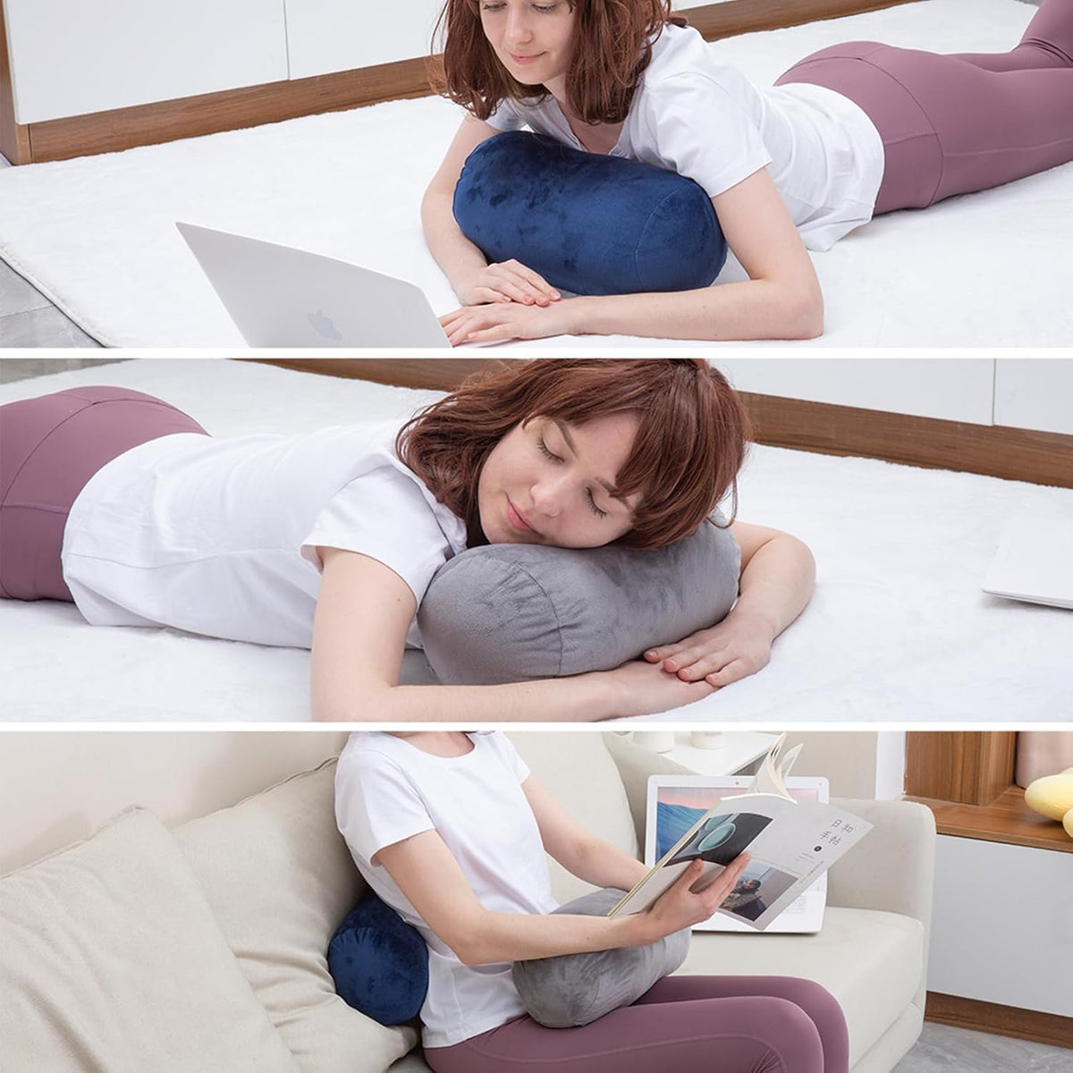 Bolster Pillow with Removable Velvet Cover, Round Cylinder Neck Roll Pillow for Head, Back, Leg Support, Decorative Bed and Couch Pillow 16 x 6 Inches (Grey)