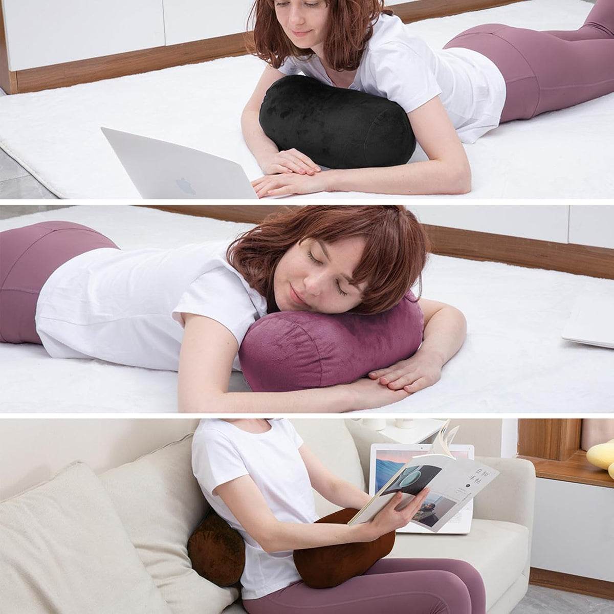 Bolster Pillow with Removable Velvet Cover, Round Cylinder Neck Roll Pillow for Head, Back, Leg Support, Decorative Bed and Couch Pillow 16 x 6 Inches (Grey)
