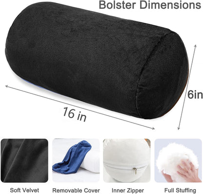 Bolster Pillow with Removable Velvet Cover, Round Cylinder Neck Roll Pillow for Head, Back, Leg Support, Decorative Bed and Couch Pillow 16 x 6 Inches (Grey)