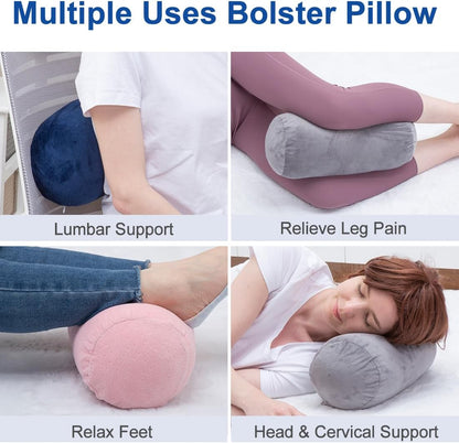 Bolster Pillow with Removable Velvet Cover, Round Cylinder Neck Roll Pillow for Head, Back, Leg Support, Decorative Bed and Couch Pillow 16 x 6 Inches (Grey)