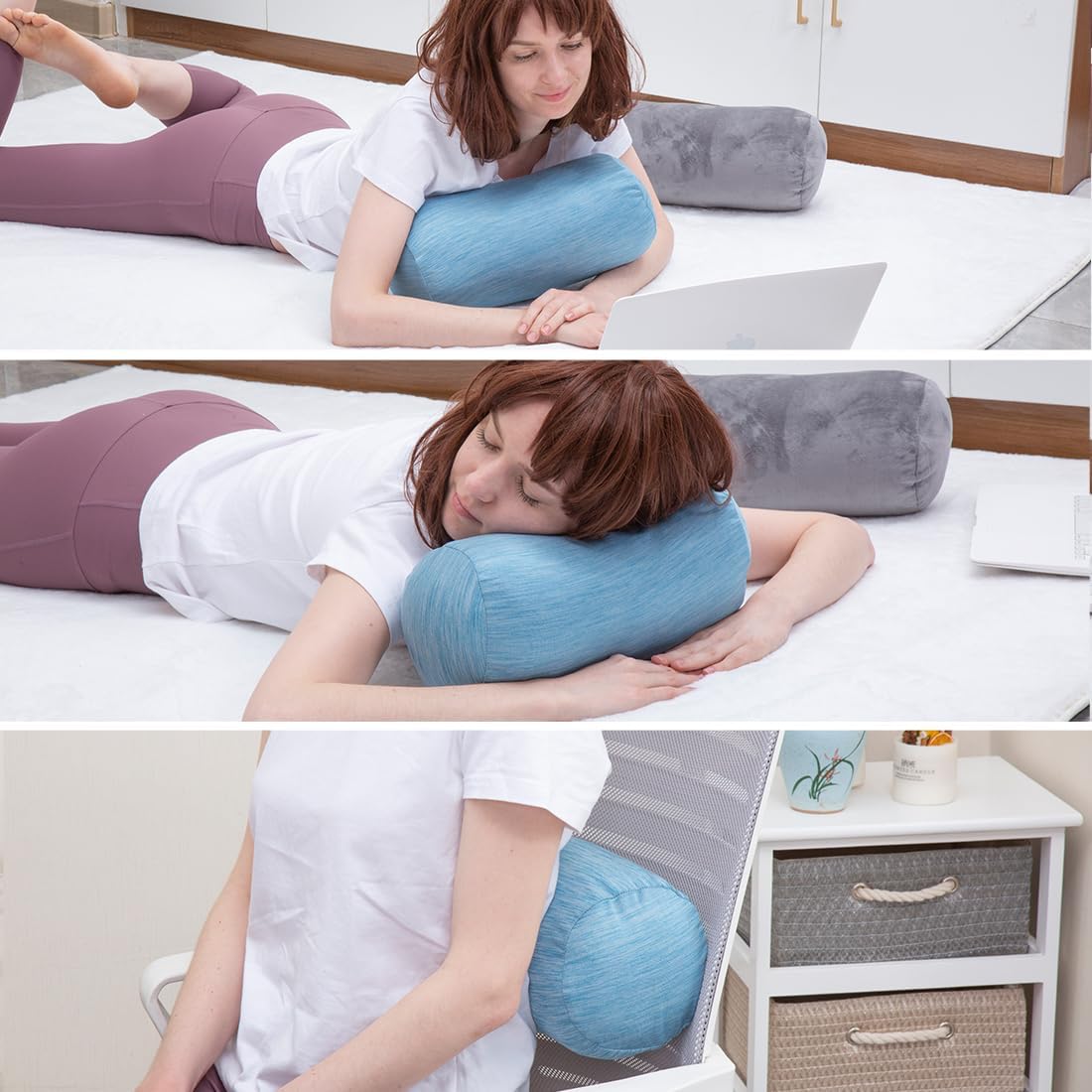 Bolster Pillow with Removable Velvet Cover, Round Cylinder Neck Roll Pillow for Head, Back, Leg Support, Decorative Bed and Couch Pillow 16 x 6 Inches (Grey)