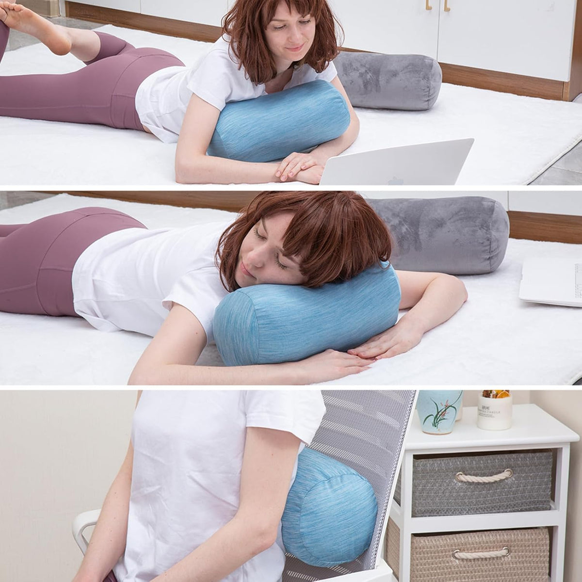Bolster Pillow with Removable Velvet Cover, Round Cylinder Neck Roll Pillow for Head, Back, Leg Support, Decorative Bed and Couch Pillow 16 x 6 Inches (Grey)