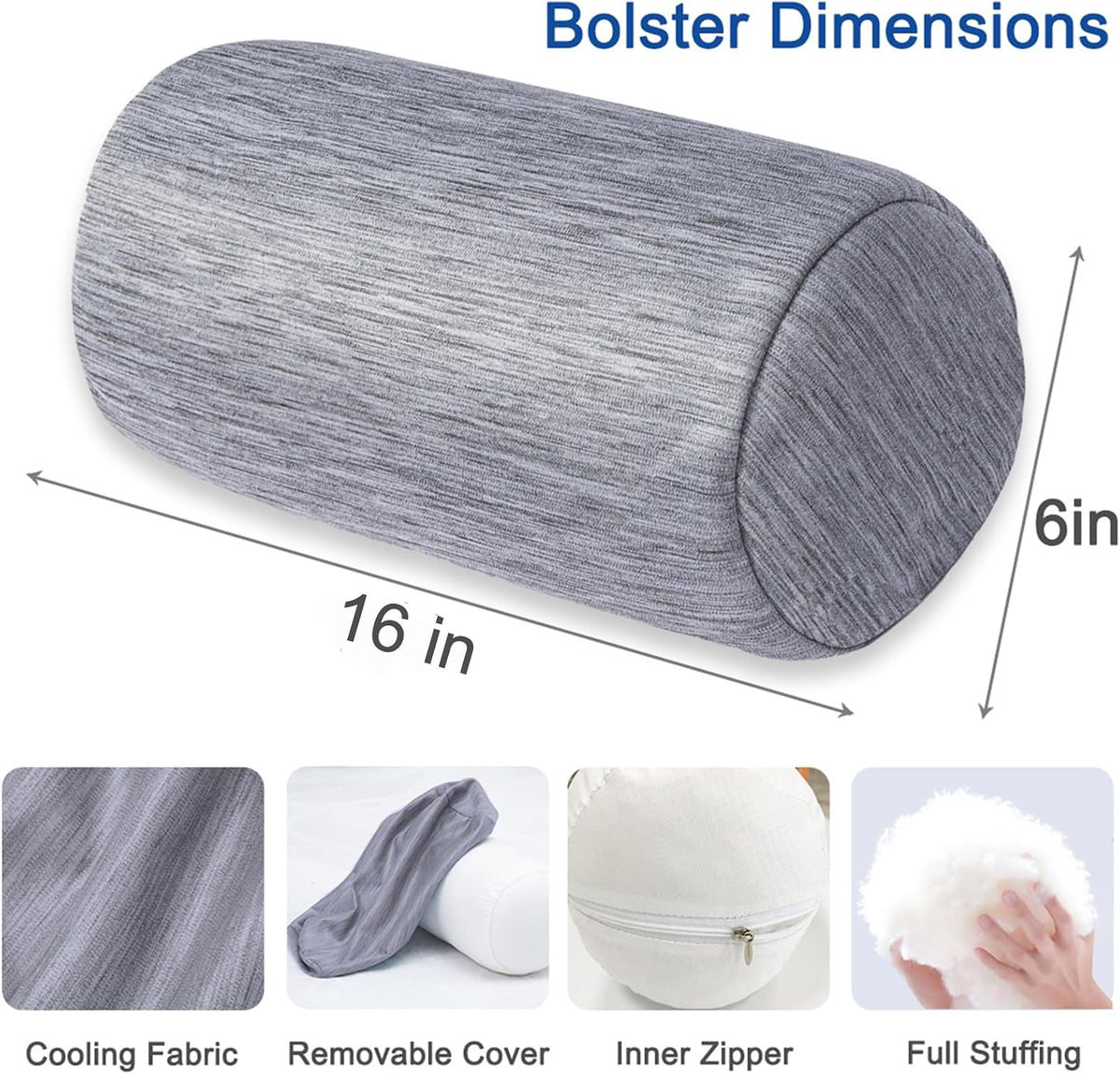 Bolster Pillow with Removable Velvet Cover, Round Cylinder Neck Roll Pillow for Head, Back, Leg Support, Decorative Bed and Couch Pillow 16 x 6 Inches (Grey)
