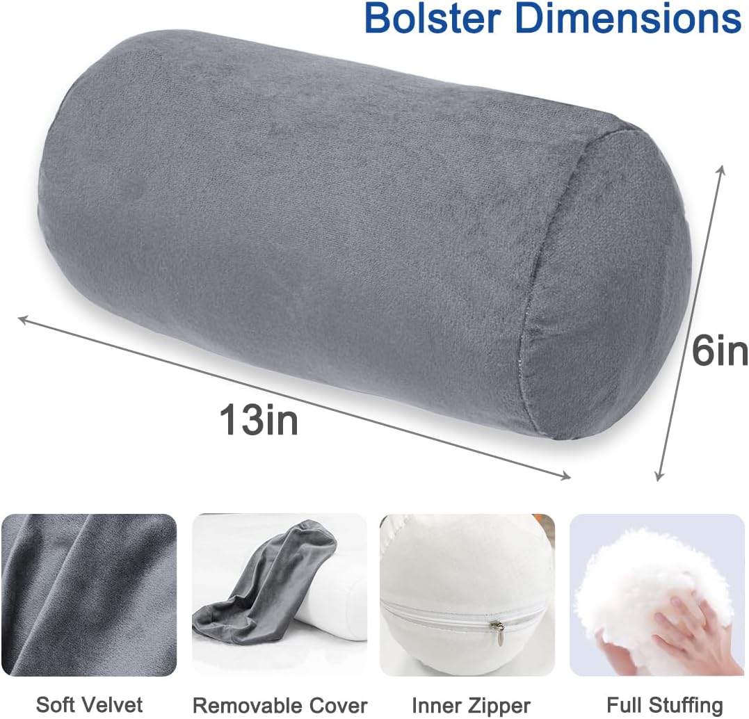 Bolster Pillow with Removable Velvet Cover, Round Cylinder Neck Roll Pillow for Head, Back, Leg Support, Decorative Bed and Couch Pillow 16 x 6 Inches (Grey)