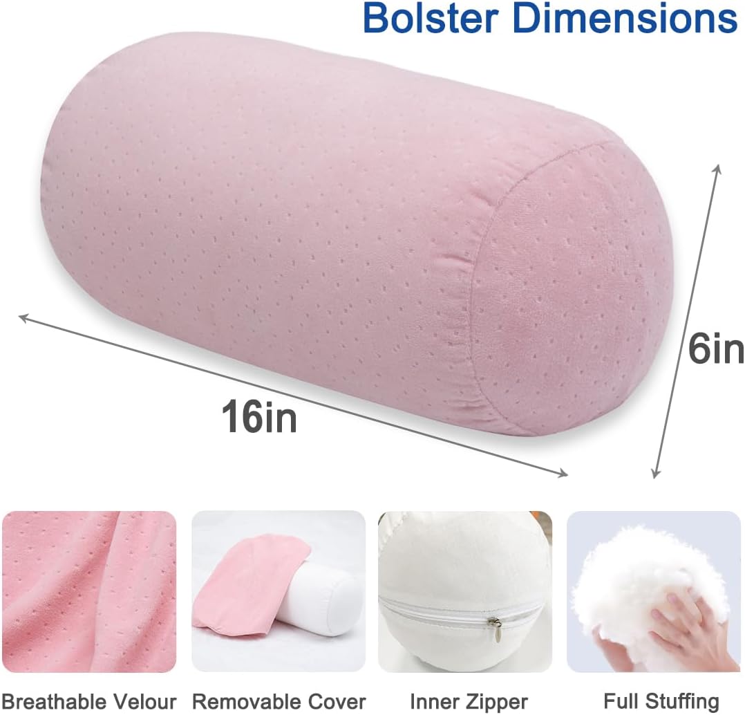 Bolster Pillow with Removable Velvet Cover, Round Cylinder Neck Roll Pillow for Head, Back, Leg Support, Decorative Bed and Couch Pillow 16 x 6 Inches (Grey)
