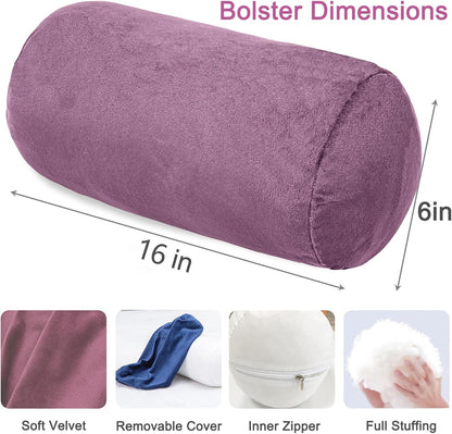 Bolster Pillow with Removable Velvet Cover, Round Cylinder Neck Roll Pillow for Head, Back, Leg Support, Decorative Bed and Couch Pillow 16 x 6 Inches (Grey)