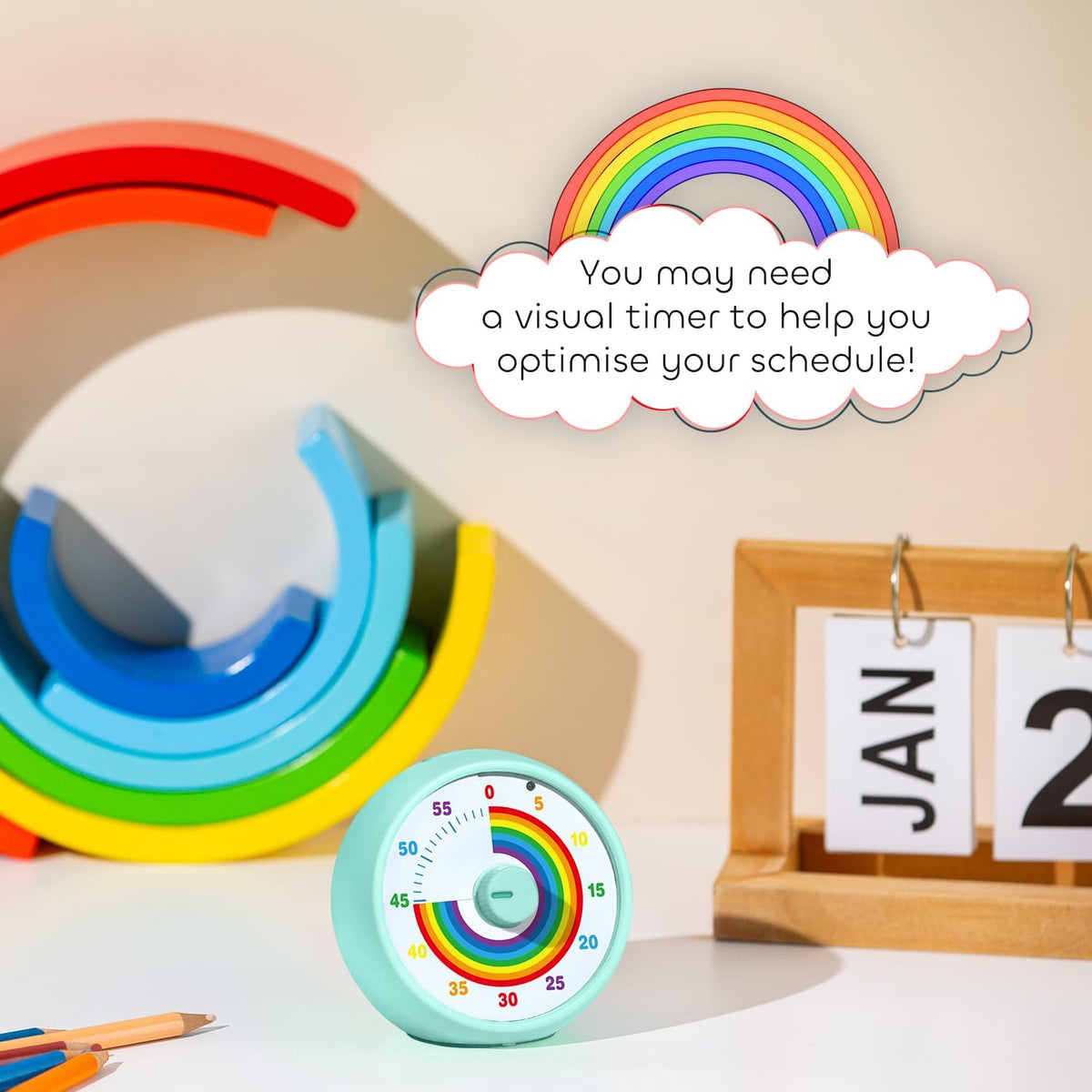 Visual Timer for Kids, 60-Minute Countdown Timer for Classroom Office Kitchen, Desk Timer Kids Time Management Tools with Silent Operation, Pomodoro Time Rainbow Pattern (Pink)