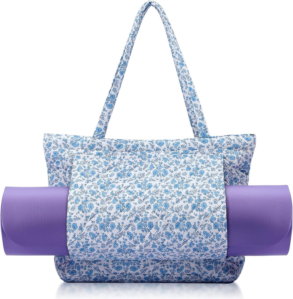 Blue Floral Quilted Yoga Bags with Mat Pocket for Women, Cute Cotton Floral Yoga Tote Carrier with Shoulder Strap, Ideal for Pilates, Travel, Office, Beach & Workout