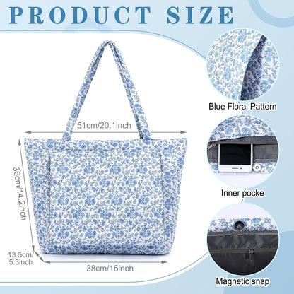 Blue Floral Quilted Yoga Bags with Mat Pocket for Women, Cute Cotton Floral Yoga Tote Carrier with Shoulder Strap, Ideal for Pilates, Travel, Office, Beach & Workout