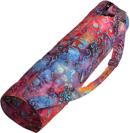 Batik Yoga Mat Bag - beautiful pattern, durable 100% cotton, full lining, adjustable strap, 2 extra zipper pockets