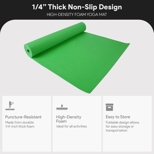 All Purpose 1/4-Inch High Density Anti-Tear Exercise Yoga Mat with Carrying Strap with Optional Yoga Blocks, Multiple Colors