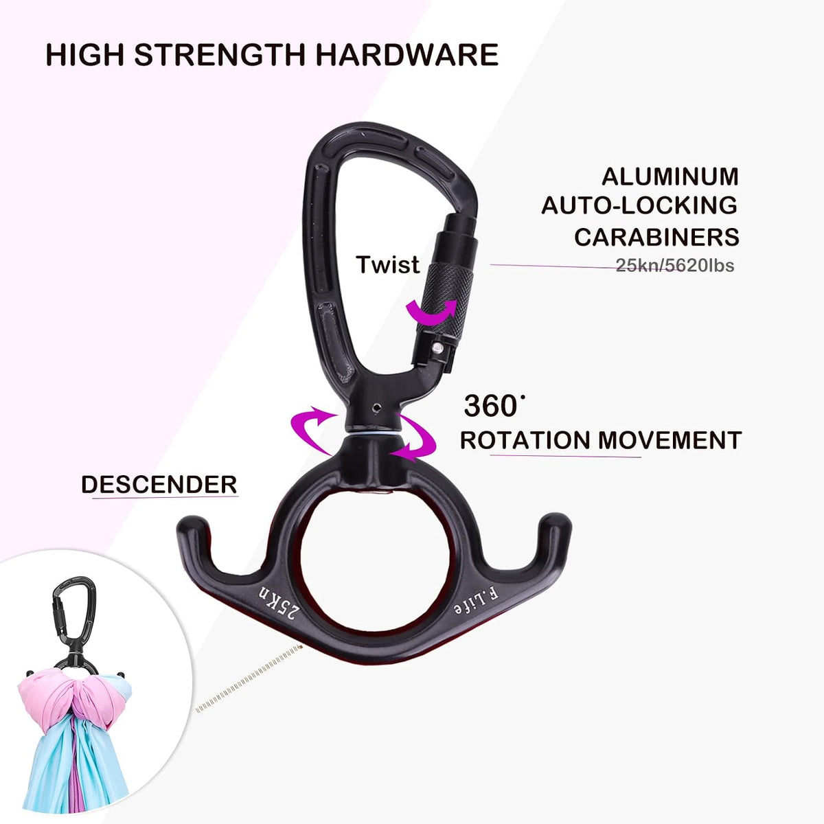 Aerial Silks Hardware or Single Point Yoga Hammock Rigging Aluminum Swivel D Auto Locking Carabiner Rated 25KN Low Ceilings