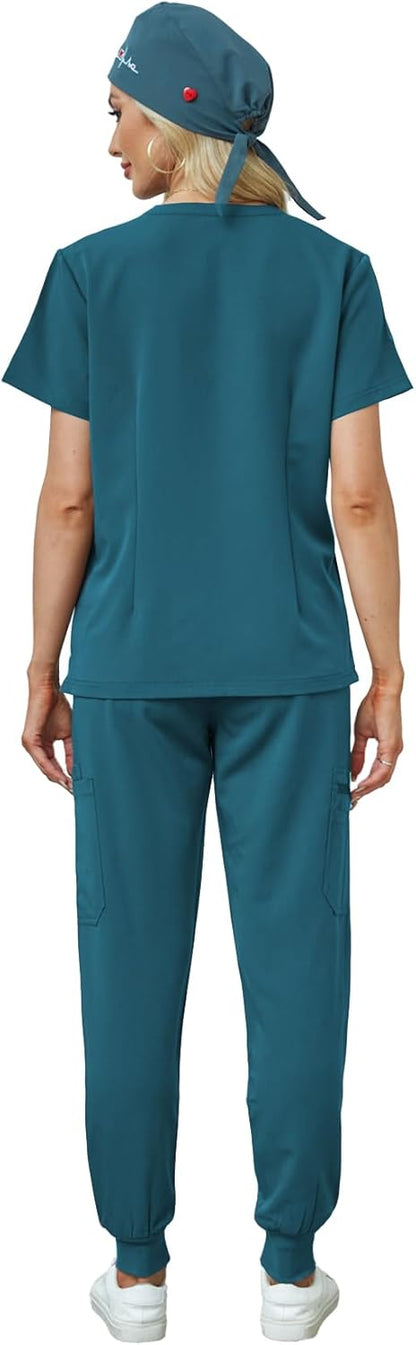 Women's V-Neck Scrubs Set With Cap, Stretchy Top and Jogger Pants, 11 Pockets Nursing Uniform