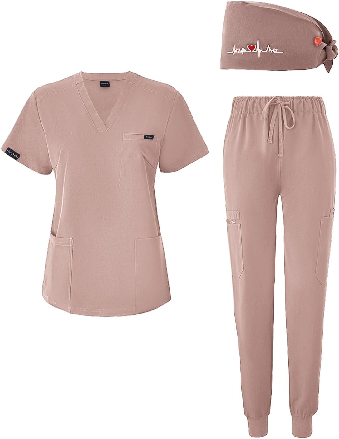 Women's V-Neck Scrubs Set With Cap, Stretchy Top and Jogger Pants, 11 Pockets Nursing Uniform