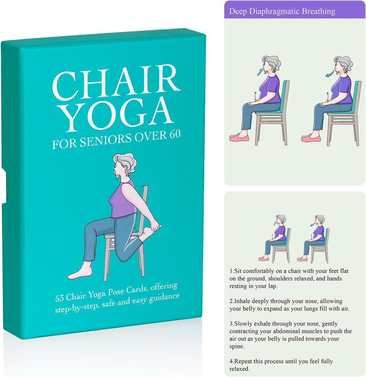 Oversized Chair Yoga Cards for Seniors – 53 Step-by-Step Tai Chi Chair Deck, Large Print Exercise Cards for Elderly, Ideal Get Well Gift for Grandma & Grandpa