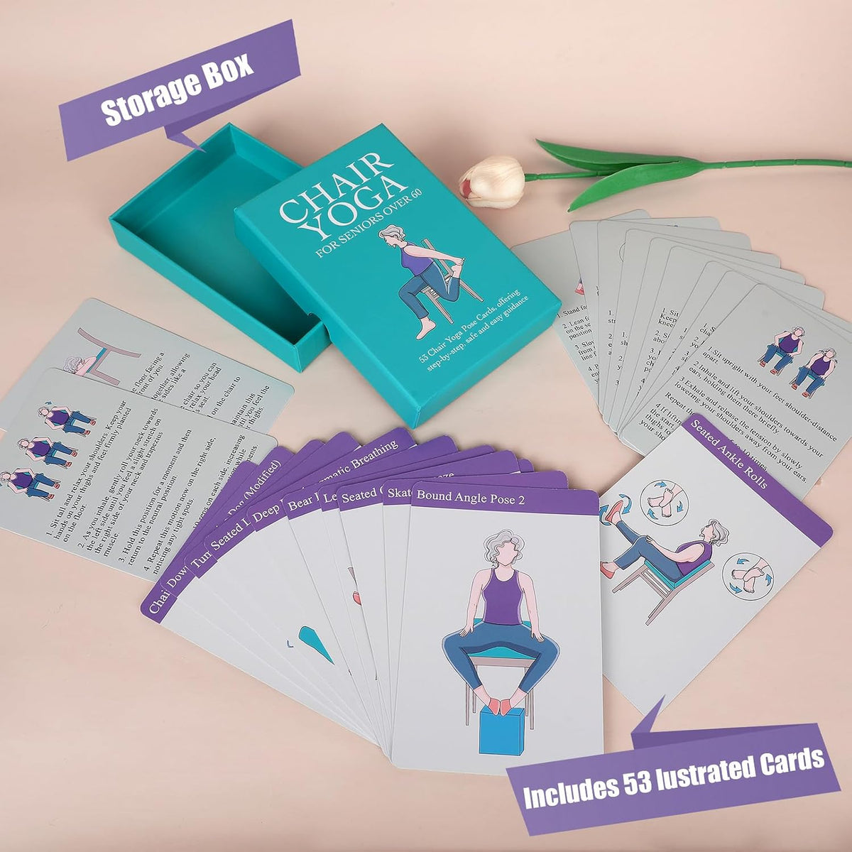 Oversized Chair Yoga Cards for Seniors – 53 Step-by-Step Tai Chi Chair Deck, Large Print Exercise Cards for Elderly, Ideal Get Well Gift for Grandma & Grandpa