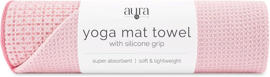 . Aura Microfiber Yoga Mat Towel with Grip, 24" x 72", Pink | Silicone Grip Backing, Soft and Absorbent, Quick-Dry for Gym, Pilates, and Hot Yoga, Compact for Gym Bag, Machine Washable