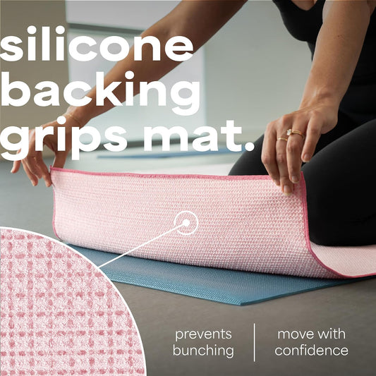 . Aura Microfiber Yoga Mat Towel with Grip, 24" x 72", Pink | Silicone Grip Backing, Soft and Absorbent, Quick-Dry for Gym, Pilates, and Hot Yoga, Compact for Gym Bag, Machine Washable