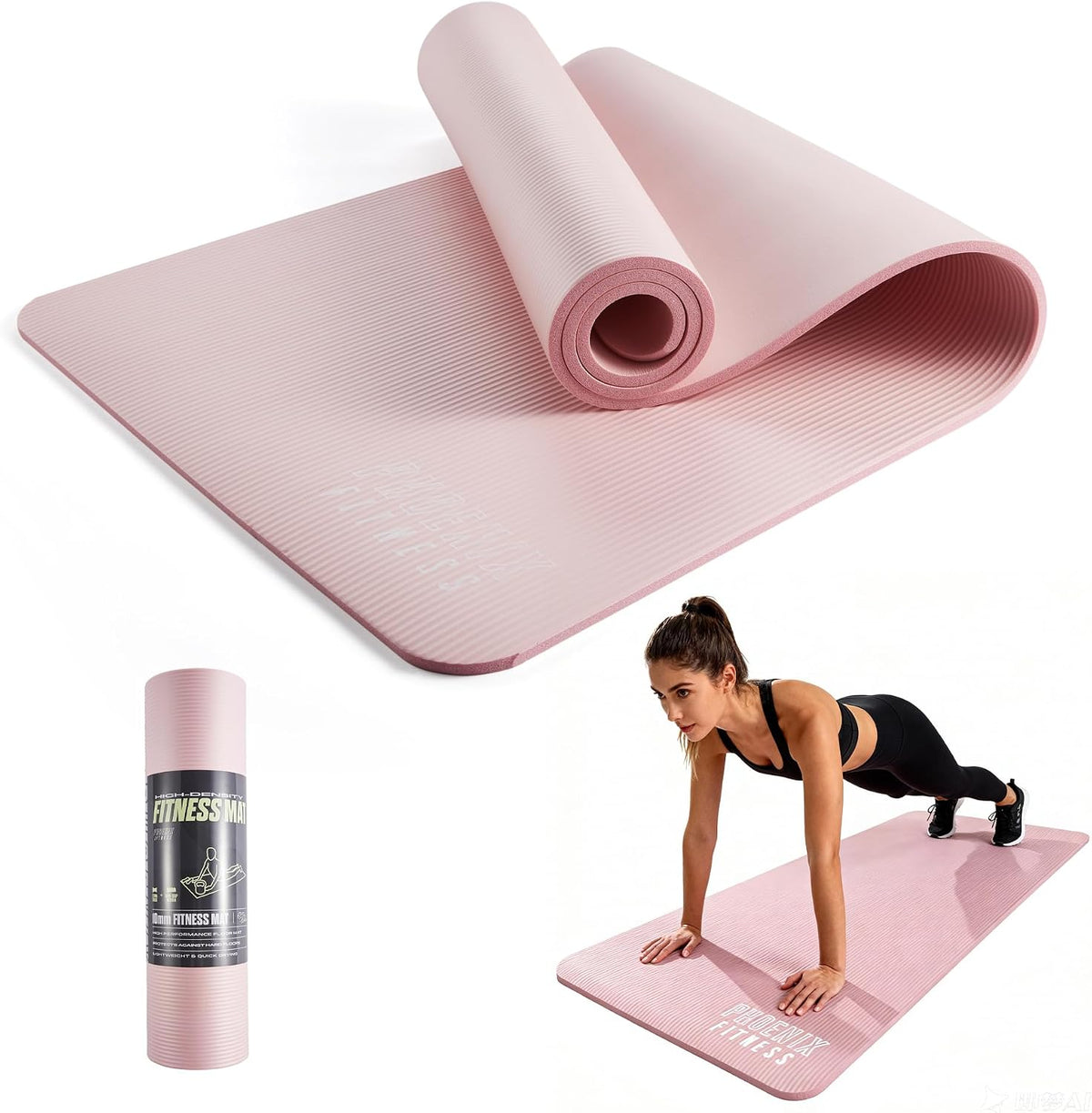 NBR Yoga Mat - 15mm Extra Thick Exercise Mat with Carry Strap - Non Slip Yoga Mat for HIIT, Exercise & Pilates for Men and Women - Black or Pink
