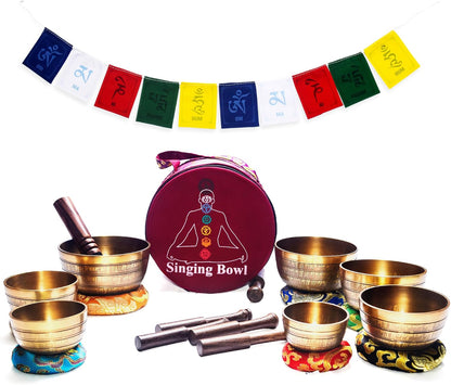 Khusi Tibetan singing bowls chakra sets, hand carved buddha mantra and symbol, sets of seven divine sound bowl.