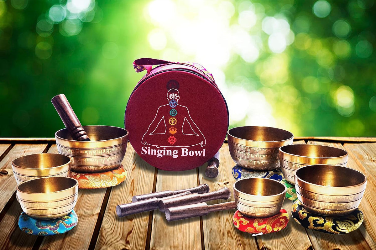 Khusi Tibetan singing bowls chakra sets, hand carved buddha mantra and symbol, sets of seven divine sound bowl.
