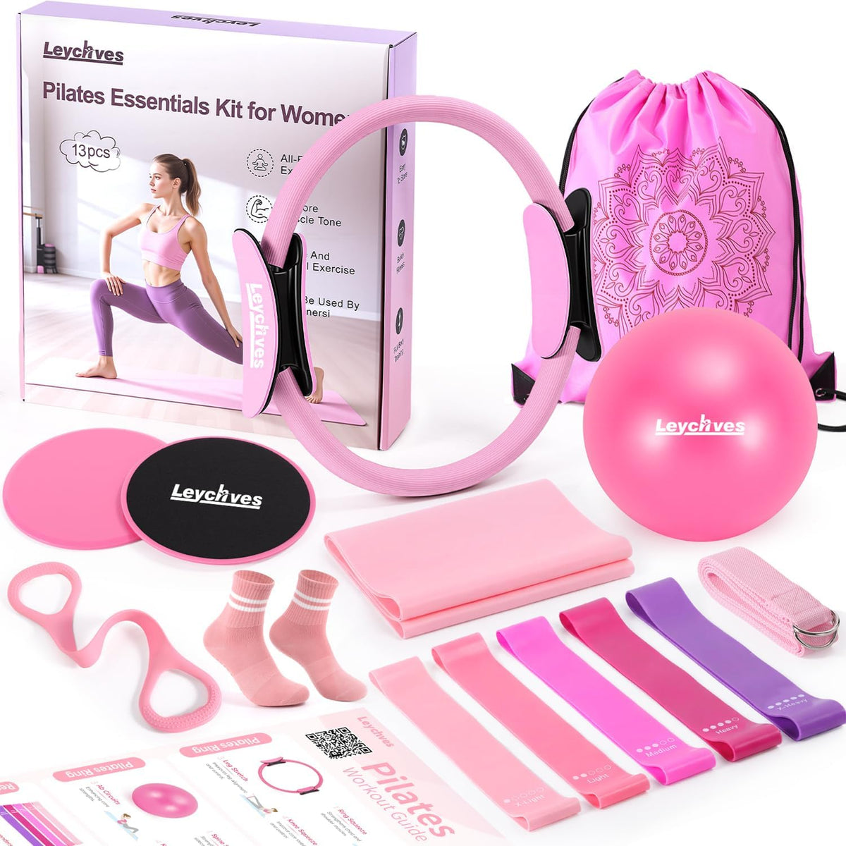 Home Pilates Essentials Kit for Women, Magic Circle Pilates Equipment Ring and Ball Set, Resistance Bands Workout Guide Video for 28 Day Pilates Challenge Starter Kit for Beginners