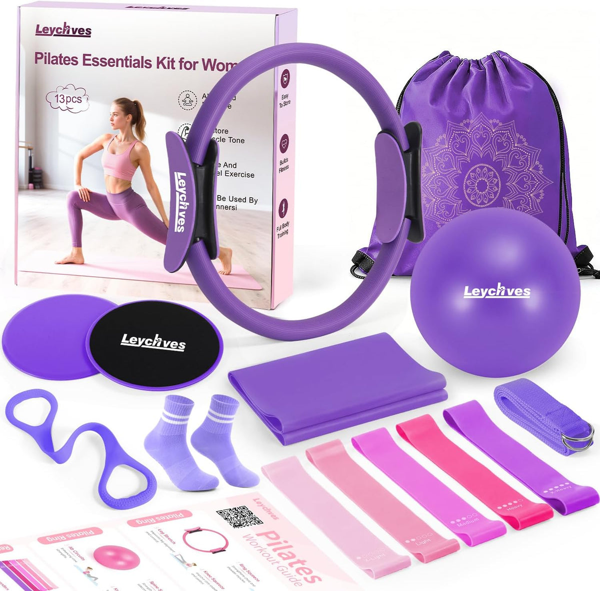 Home Pilates Essentials Kit for Women, Magic Circle Pilates Equipment Ring and Ball Set, Resistance Bands Workout Guide Video for 28 Day Pilates Challenge Starter Kit for Beginners