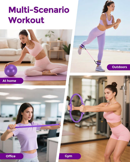 Home Pilates Essentials Kit for Women, Magic Circle Pilates Equipment Ring and Ball Set, Resistance Bands Workout Guide Video for 28 Day Pilates Challenge Starter Kit for Beginners