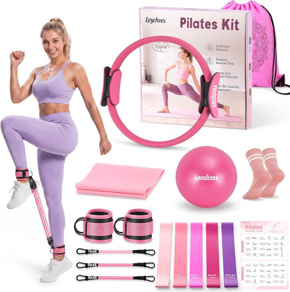 Home Pilates Essentials Kit for Women, Magic Circle Pilates Equipment Ring and Ball Set, Resistance Bands Workout Guide Video for 28 Day Pilates Challenge Starter Kit for Beginners