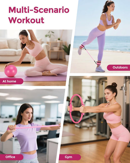 Home Pilates Essentials Kit for Women, Magic Circle Pilates Equipment Ring and Ball Set, Resistance Bands Workout Guide Video for 28 Day Pilates Challenge Starter Kit for Beginners