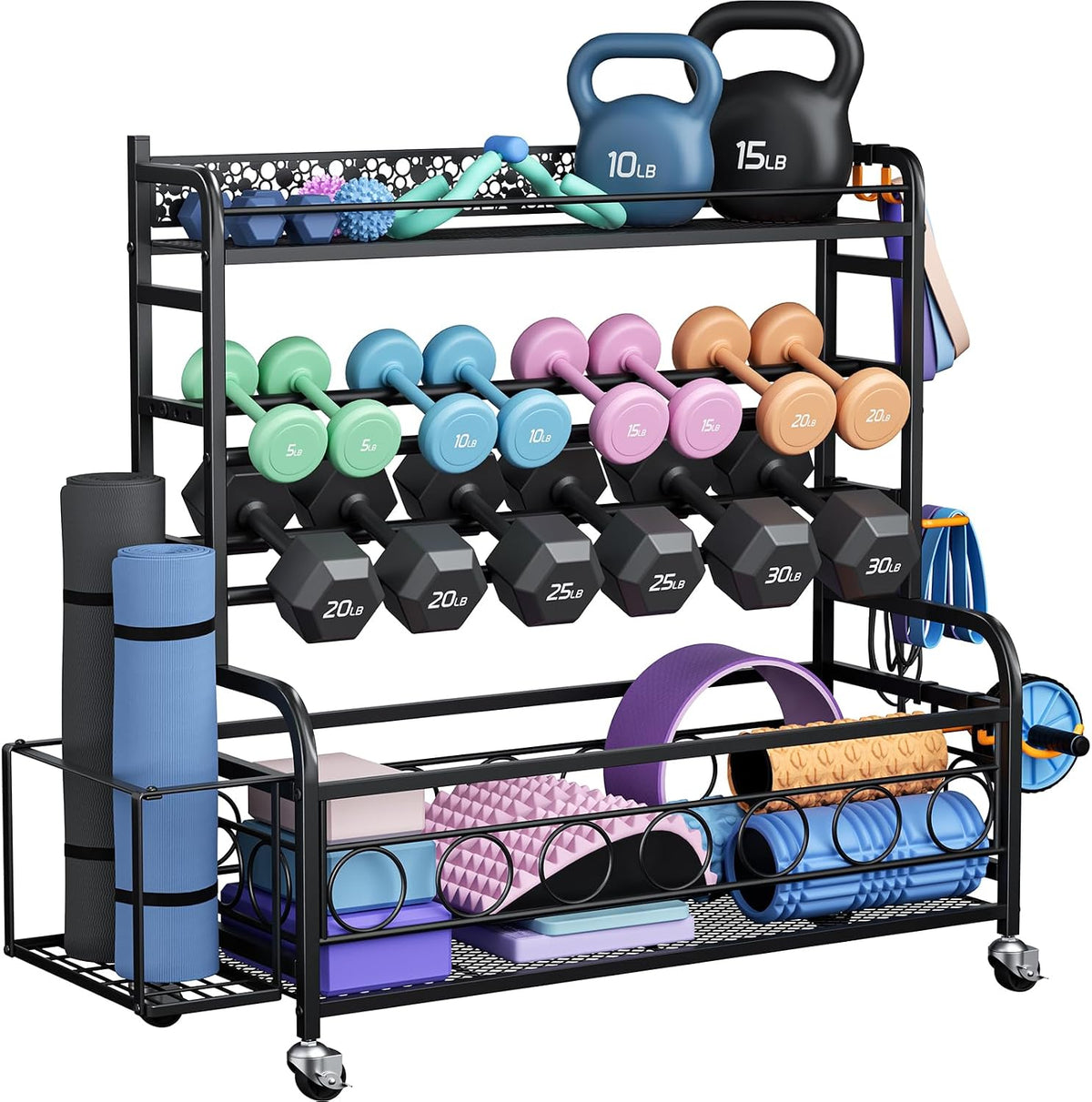 3-Tier Dumbbell Rack with Wheels, Weight Rack for Home Gym Storage