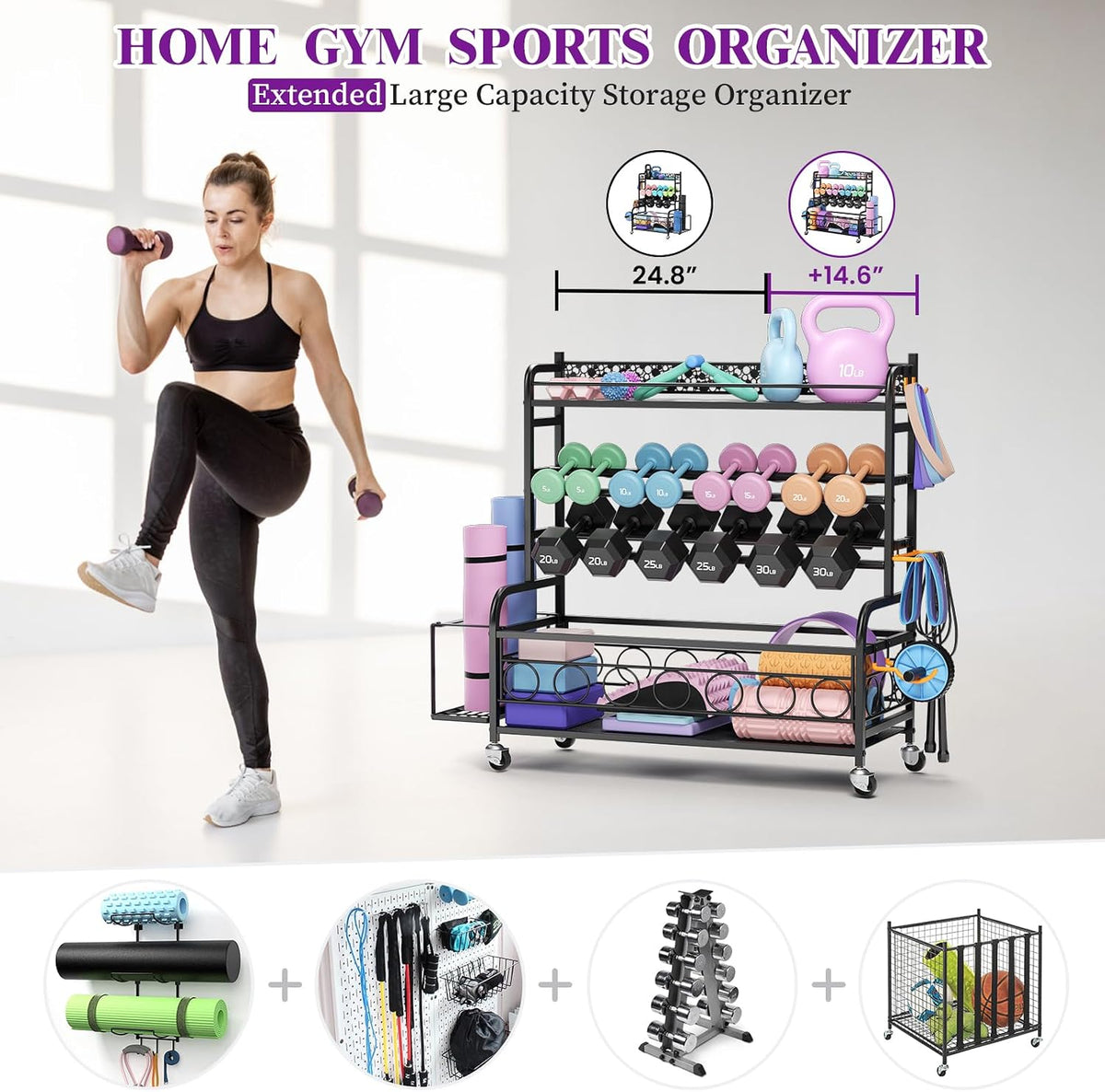 3-Tier Dumbbell Rack with Wheels, Weight Rack for Home Gym Storage
