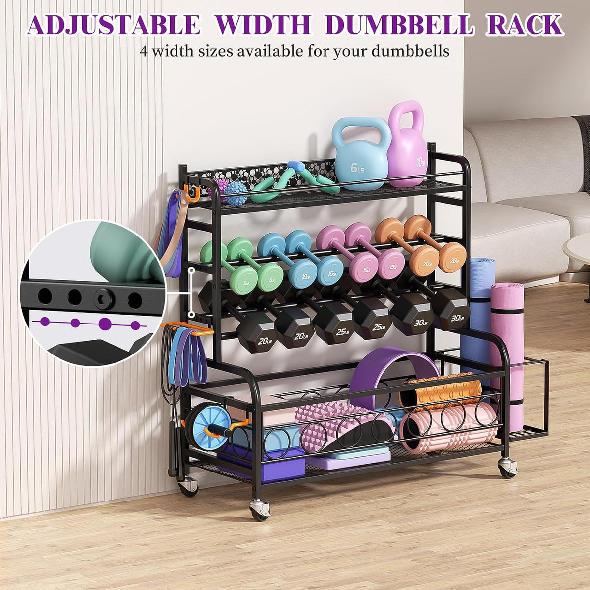 3-Tier Dumbbell Rack with Wheels, Weight Rack for Home Gym Storage