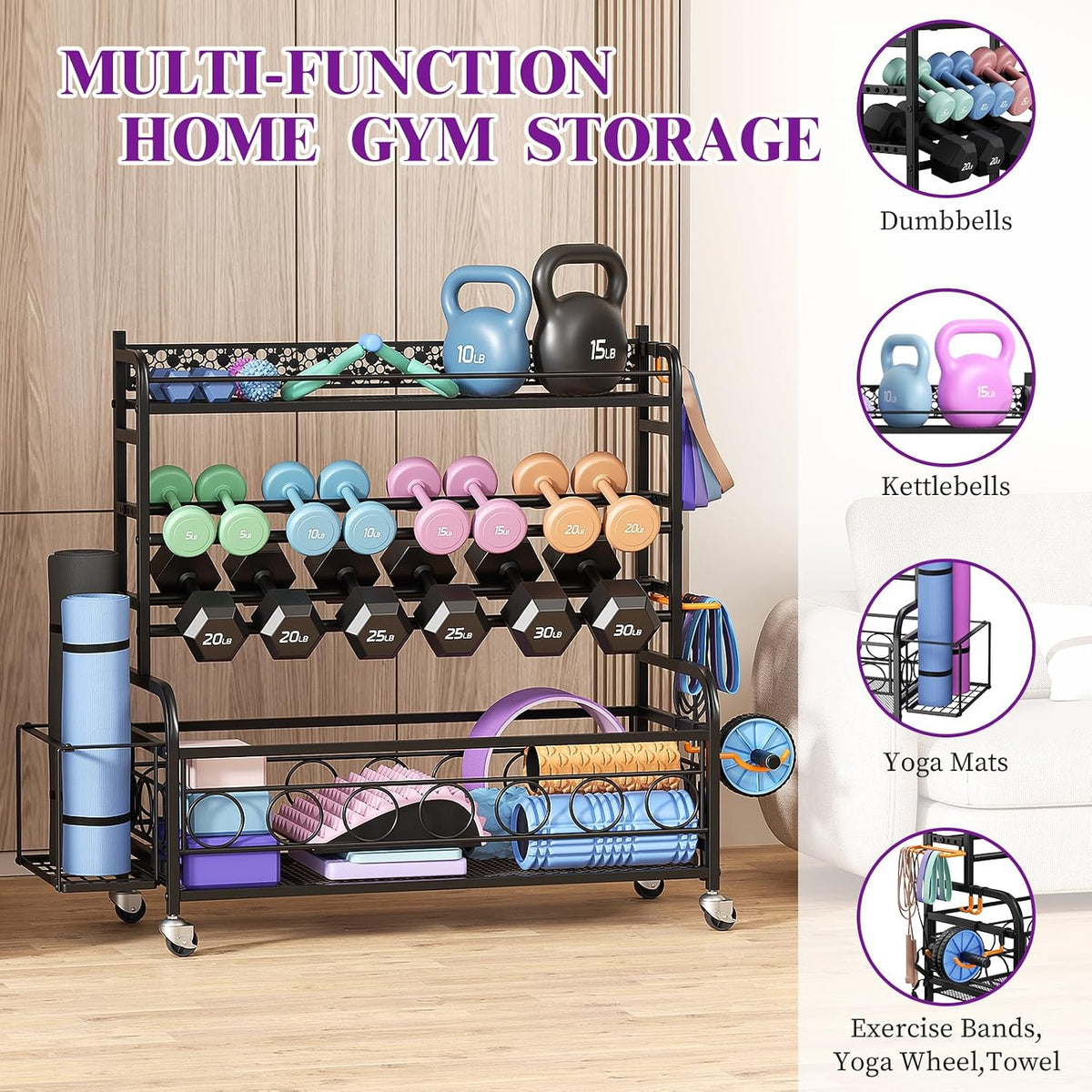 3-Tier Dumbbell Rack with Wheels, Weight Rack for Home Gym Storage