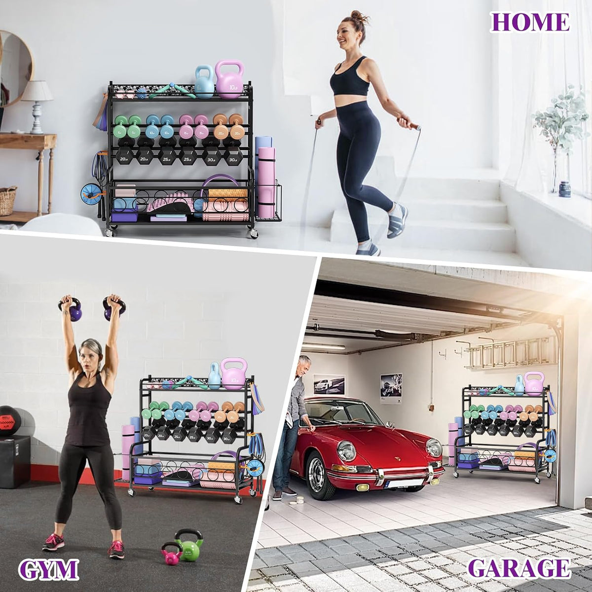 3-Tier Dumbbell Rack with Wheels, Weight Rack for Home Gym Storage