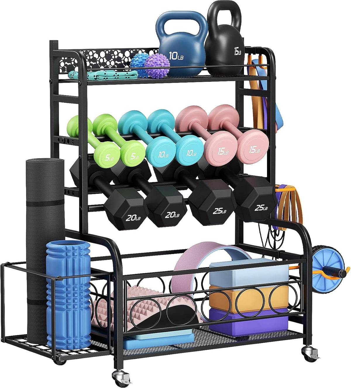 3-Tier Dumbbell Rack with Wheels, Weight Rack for Home Gym Storage