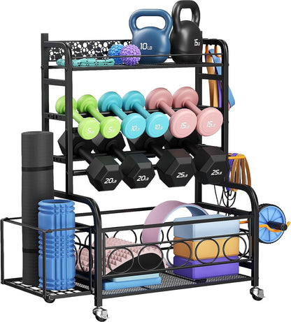 3-Tier Dumbbell Rack with Wheels, Weight Rack for Home Gym Storage