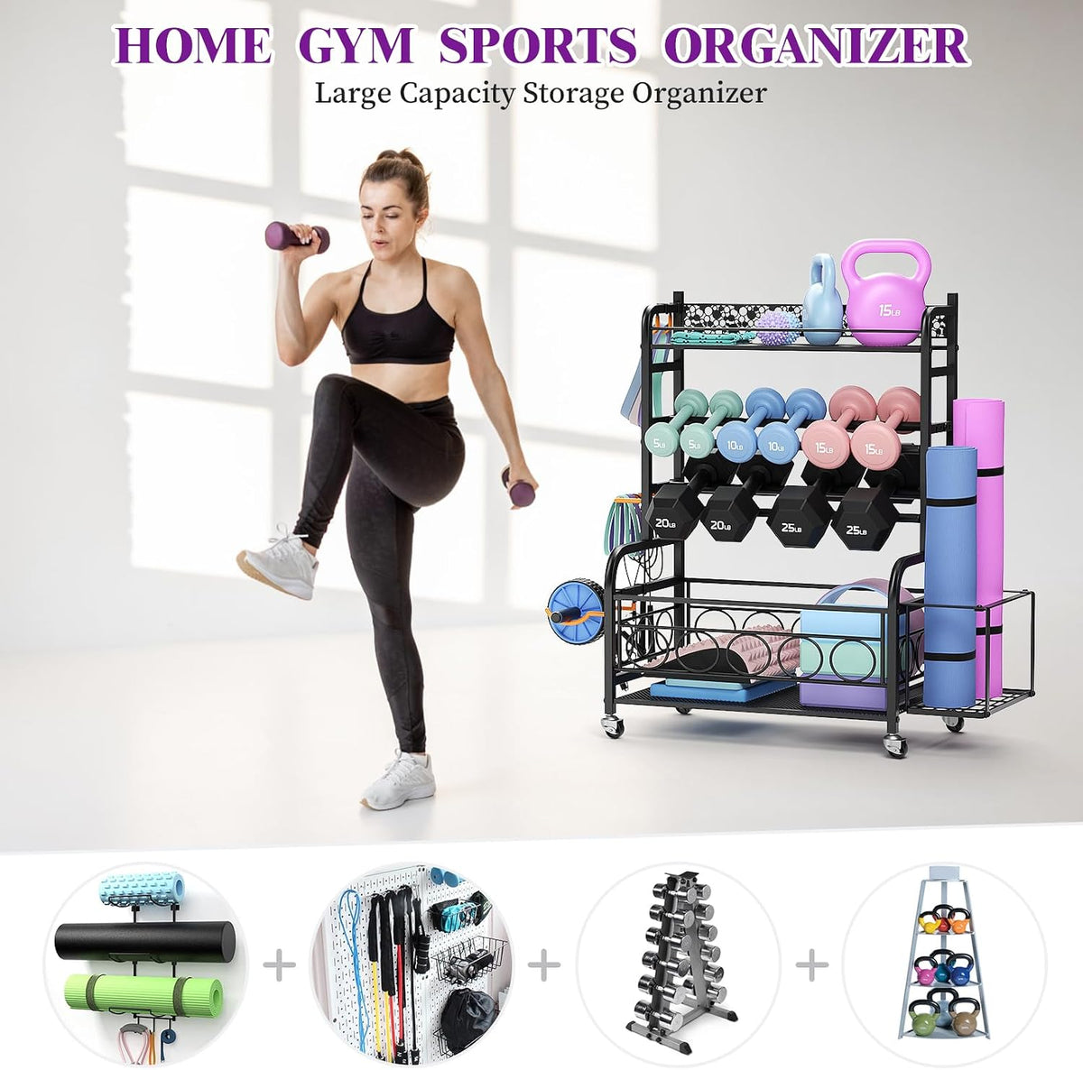 3-Tier Dumbbell Rack with Wheels, Weight Rack for Home Gym Storage