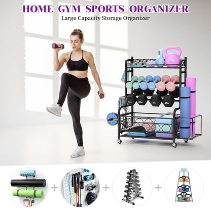 3-Tier Dumbbell Rack with Wheels, Weight Rack for Home Gym Storage