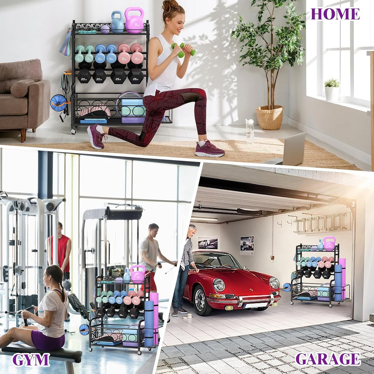 3-Tier Dumbbell Rack with Wheels, Weight Rack for Home Gym Storage